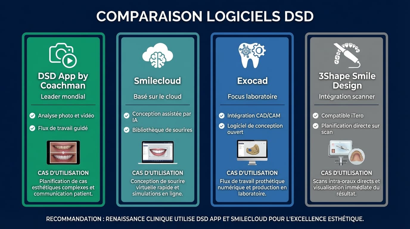 Les 4 logiciels du Digital Smile Design | Renaissance Clinique Infographie comparative des 4 logiciels DSD : DSD App, Smilecloud, Exocad et 3Shape avec leurs roles respectifs