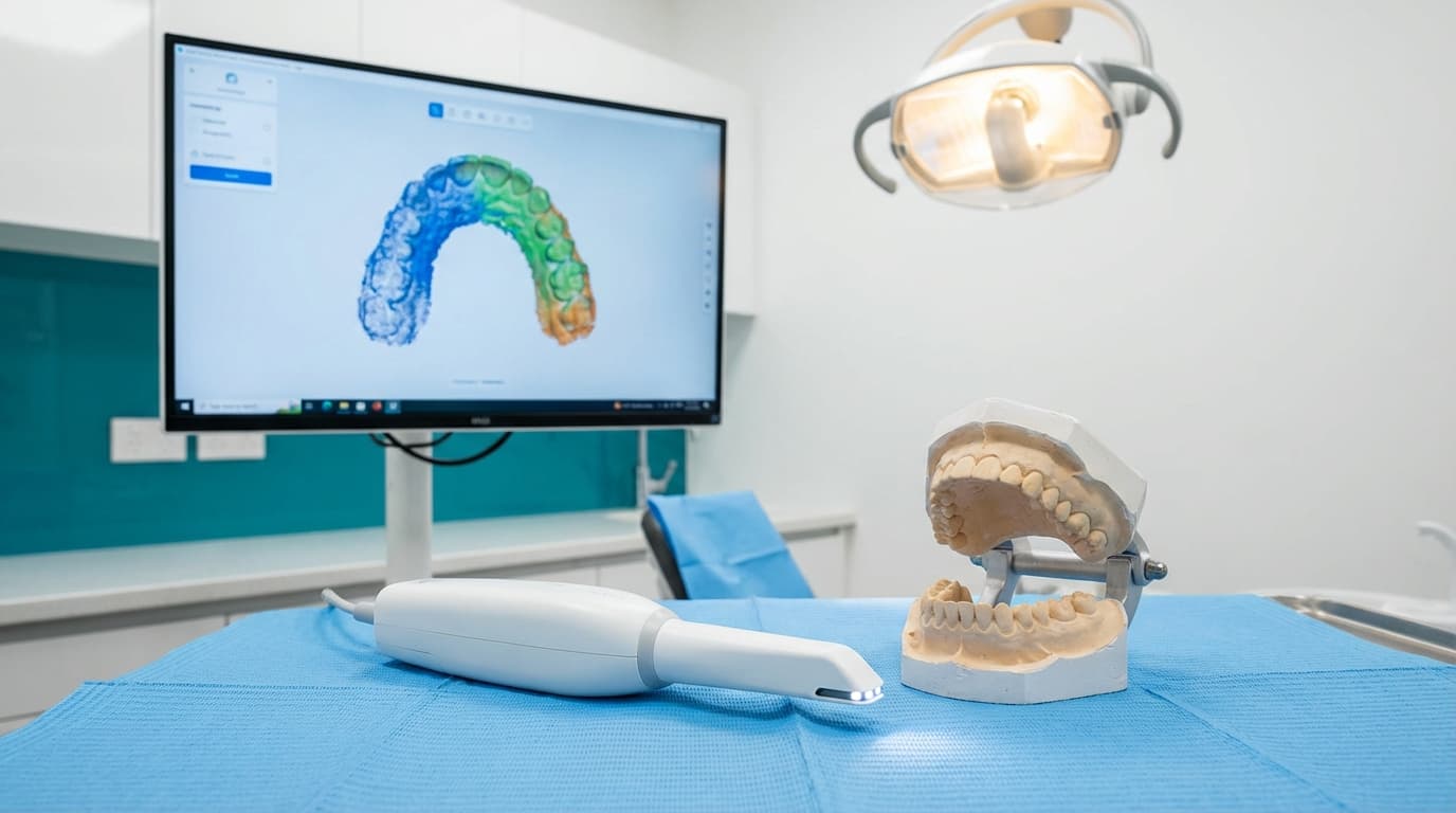 Scanner intra-oral 3Shape pour Digital Smile Design | Renaissance Clinique Scanner intra-oral 3Shape Trios en utilisation sur un modele dentaire — capture 3D des arcades pour le protocole DSD