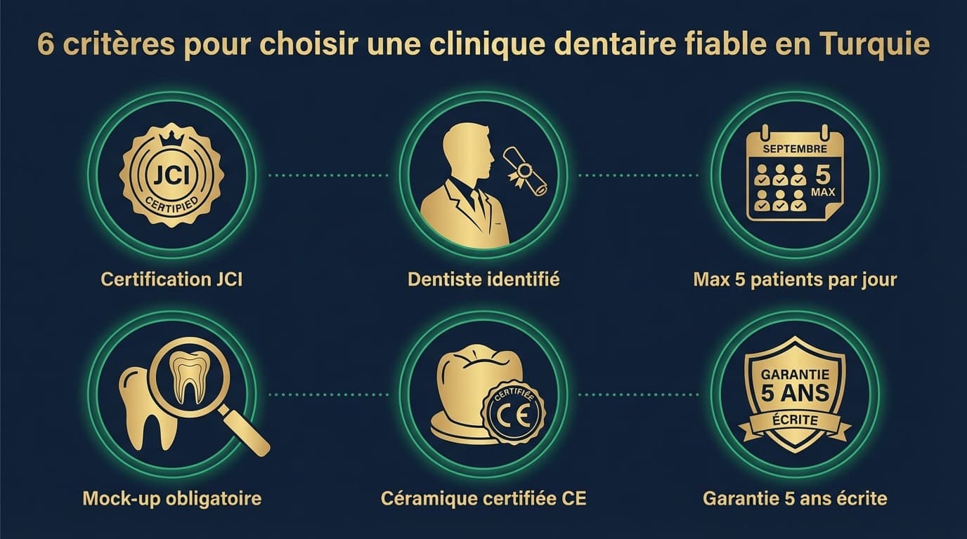 6 critères pour choisir une clinique dentaire en Turquie | Renaissance Clinique Checklist des 6 critères pour choisir une clinique dentaire fiable en Turquie — certification JCI, dentiste identifiable, mock-up, matériaux certifiés CE