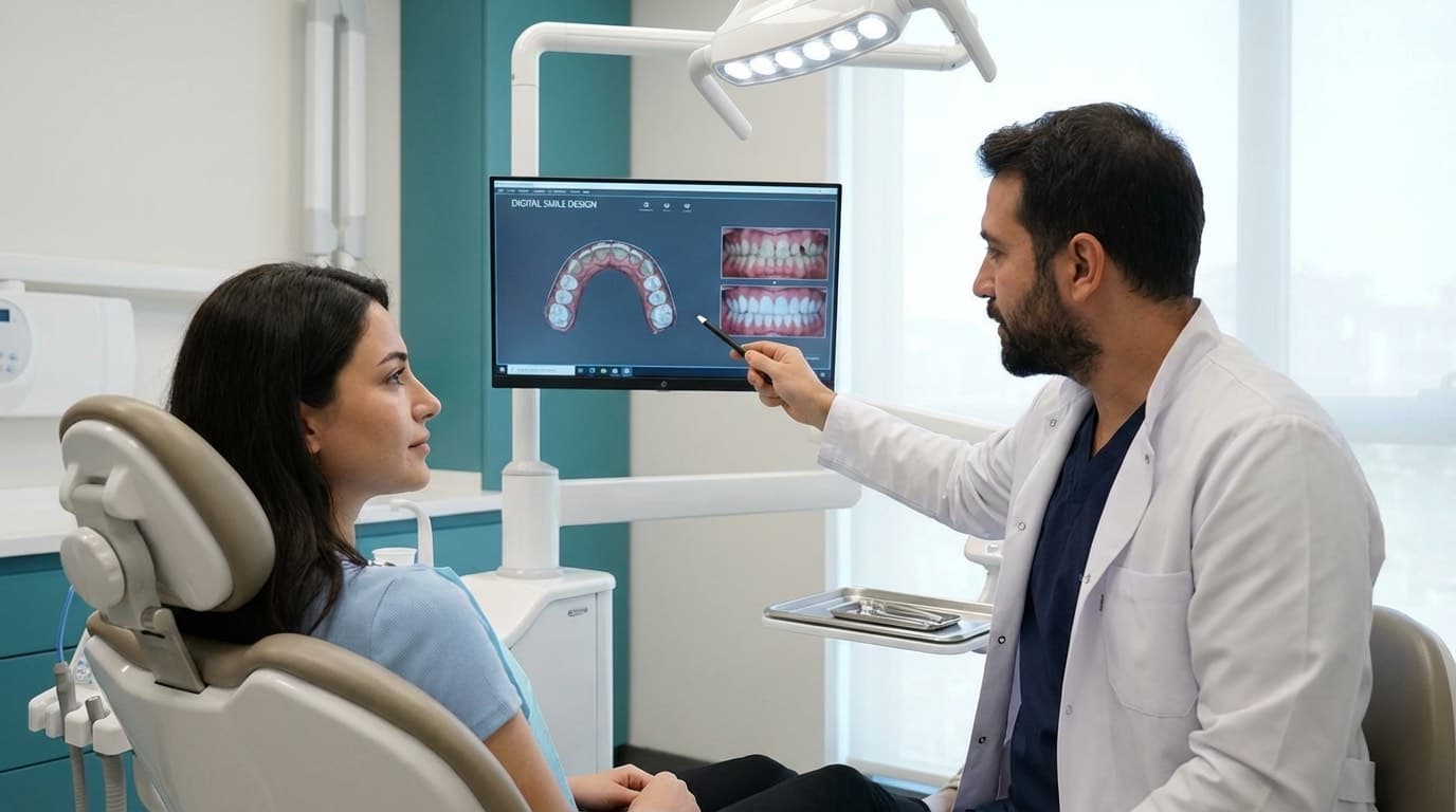 Consultation facettes dentaires Istanbul — Clinique certifiée JCI | Renaissance Clinique Consultation dentaire esthétique dans une clinique certifiée à Istanbul — le dentiste montre au patient un mock-up de facettes E-Max sur un écran numérique