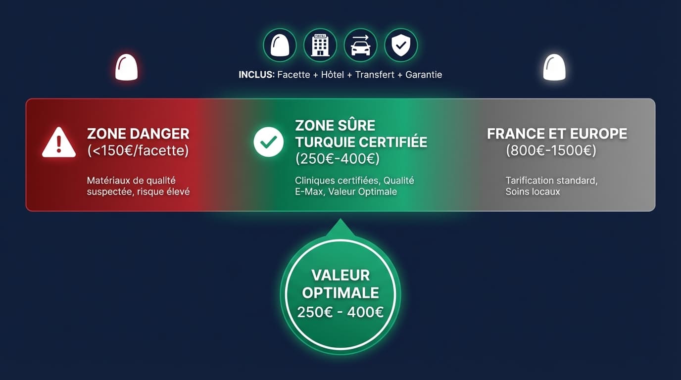 Prix facettes dentaires — Zones de sécurité et de risque | Renaissance Clinique Graphique comparatif des prix de facettes dentaires : zone danger en dessous de 150 euros, zone sûre 250-400 euros en Turquie, et 800-1500 euros en France