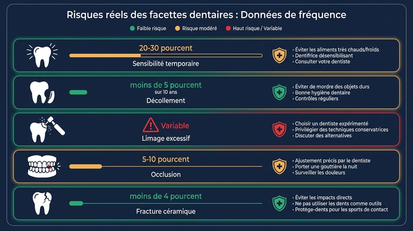 Risques facettes dentaires — Fréquence et prévention | Renaissance Clinique Infographie médicale montrant les risques réels des facettes dentaires : sensibilité temporaire, décollement, limage excessif, avec fréquences et prévention