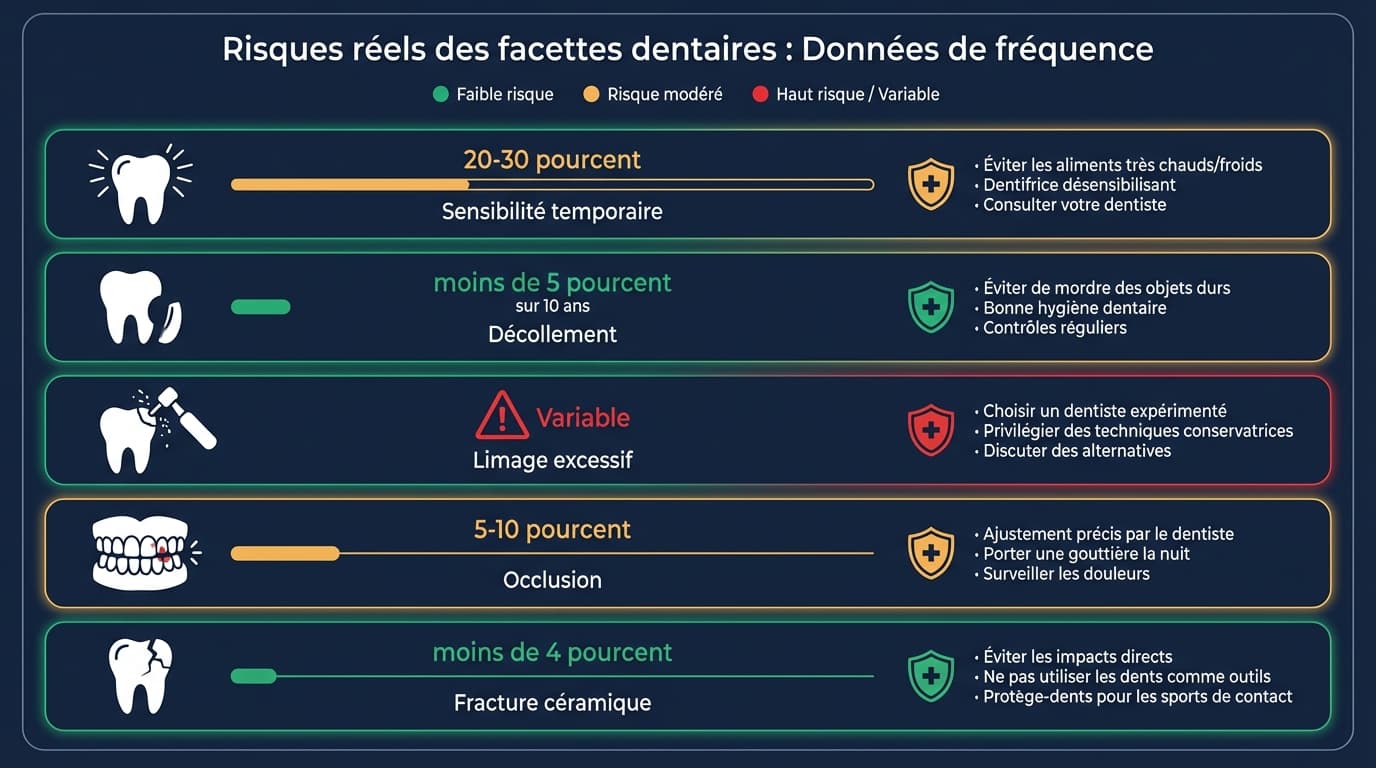 Risques facettes dentaires — Fréquence et prévention | Renaissance Clinique Infographie médicale montrant les risques réels des facettes dentaires : sensibilité temporaire, décollement, limage excessif, avec fréquences et prévention