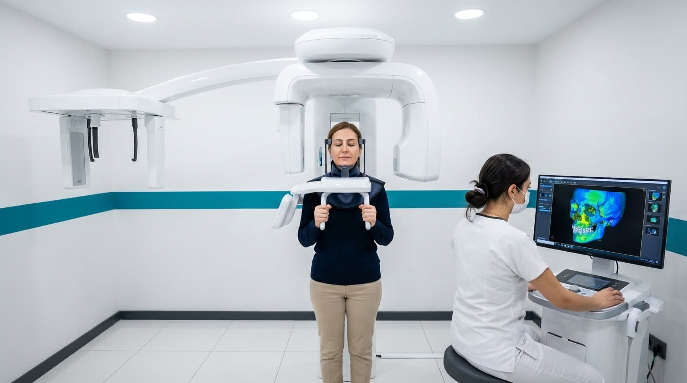 Scanner CBCT 3D pour planification implantaire | Renaissance Clinique Istanbul Scanner CBCT Planmeca dans une clinique dentaire moderne à Istanbul — examen 3D de la mâchoire avant pose d'implants dentaires