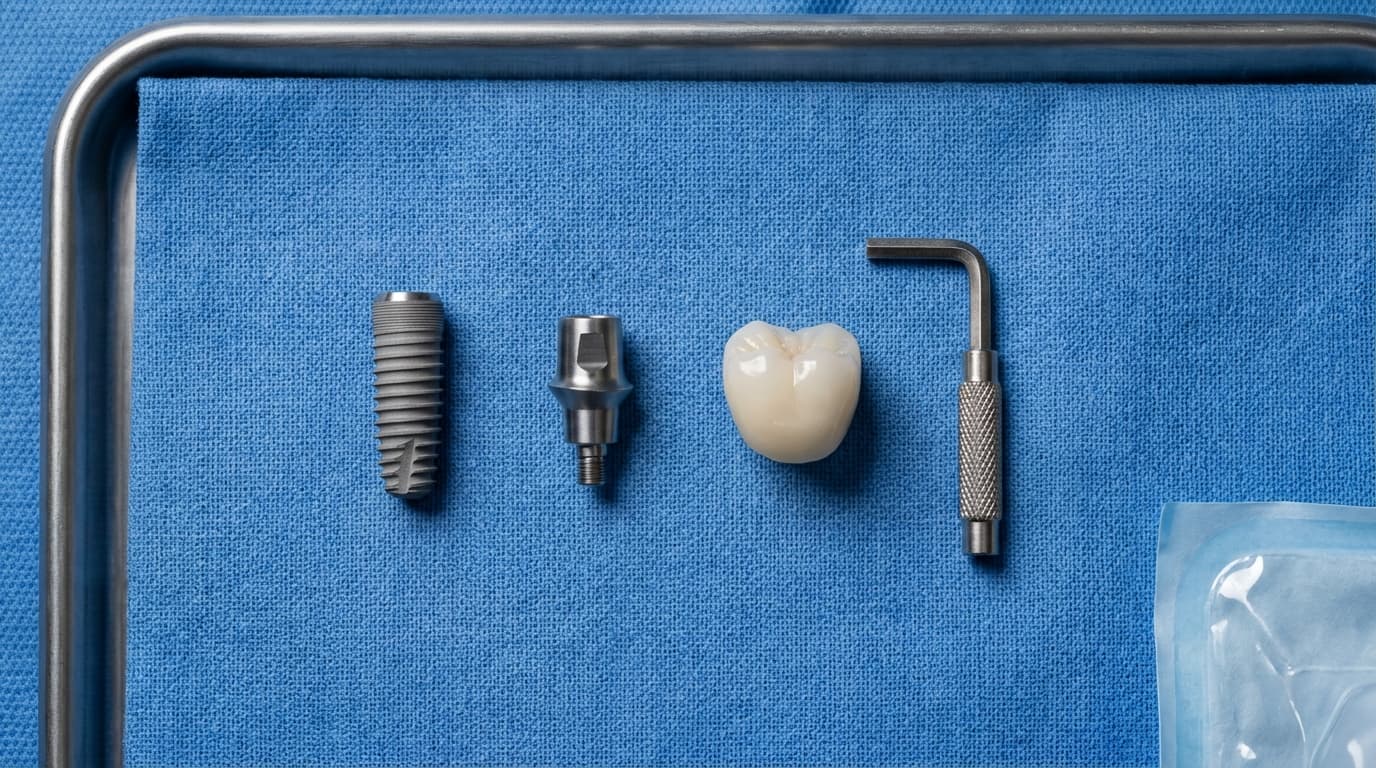 Implant dentaire complet : vis, pilier et couronne | Renaissance Clinique Istanbul Composants d'un implant dentaire sur plateau stérile : vis en titane, pilier et couronne en zircone dans une clinique moderne à Istanbul