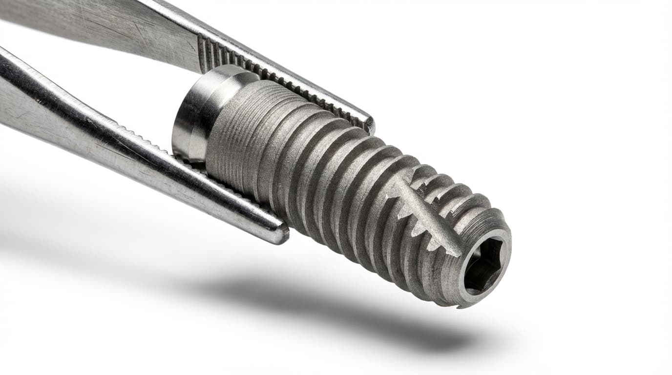 Implant dentaire en titane — vue macro du filetage | Renaissance Clinique Macro-photographie d'une vis d'implant dentaire en titane grade 4 : filetage de précision, surface traitée SLA pour ostéointégration optimale