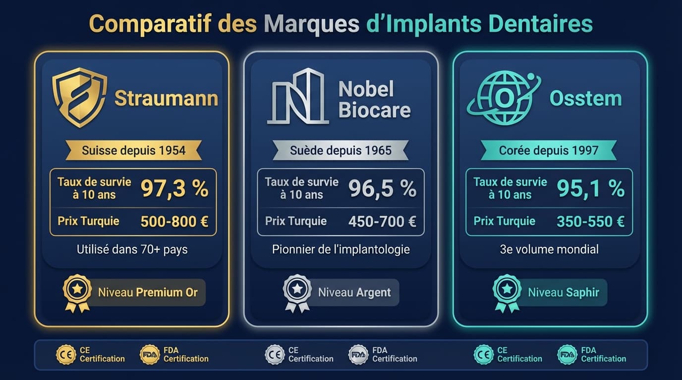 Comparaison marques implants : Straumann vs Nobel Biocare vs Osstem | Renaissance Clinique Infographie comparative des trois marques d'implants dentaires — Straumann (Suisse), Nobel Biocare (Suède) et Osstem (Corée du Sud) avec certifications CE et FDA