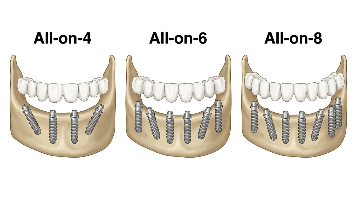 All-on-4 vs All-on-6 vs All-on-8 : Comparaison Technique | Renaissance Clinique Diagramme médical comparant All-on-4, All-on-6 et All-on-8 : placement des implants dans la mâchoire, répartition des forces et prothèse fixe