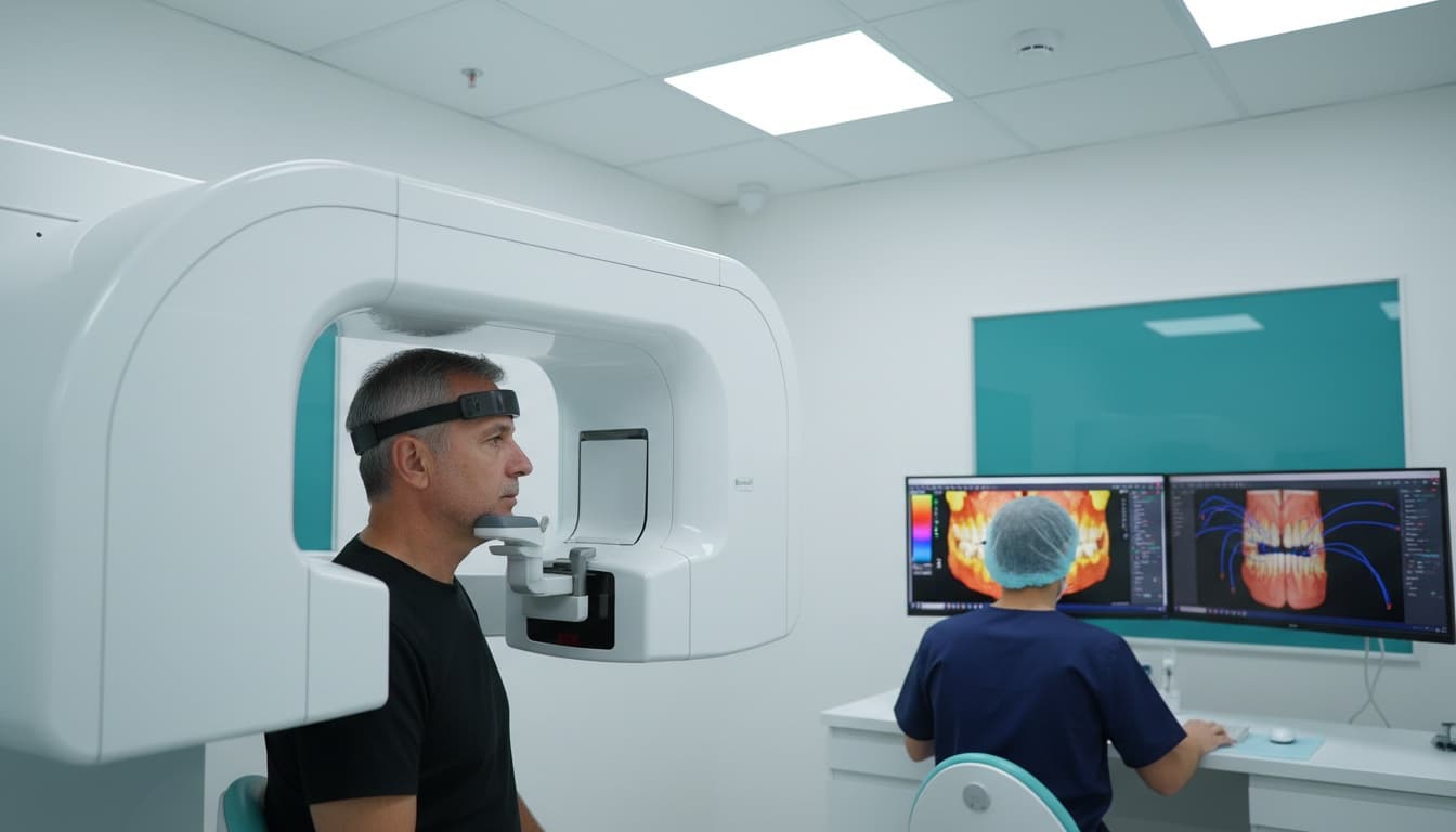 Scanner CBCT 3D Planification Implants Dentaires Istanbul | Renaissance Clinique Scanner CBCT 3D d'une mâchoire complète avant pose d'implants dentaires à Istanbul — évaluation densité osseuse et planification chirurgicale numérique