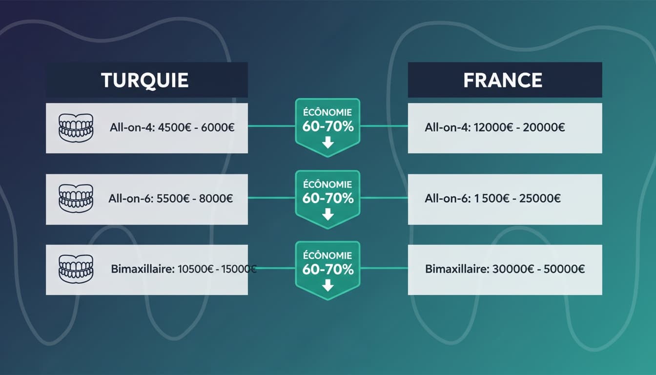 Prix Implant Dentaire Mâchoire Complète Turquie vs France 2026 | Renaissance Clinique Comparaison des prix implant dentaire mâchoire complète Turquie vs France 2026 — infographie montrant All-on-4 à 4 500 € Istanbul vs 12 000 € France