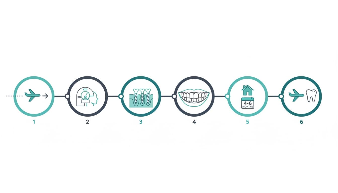 Calendrier Traitement Implant Dentaire Mâchoire Complète Istanbul | Renaissance Clinique Calendrier du traitement implant mâchoire complète en Turquie : J1 consultation CBCT, J2-3 pose implants, J4-7 récupération, M4-6 prothèse définitive
