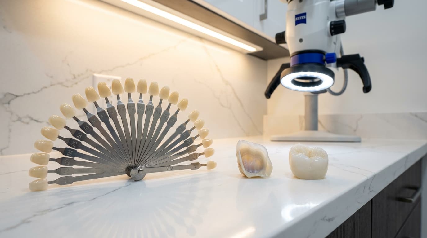 Matériaux dentaires premium : E-Max Ivoclar et zircone Katana | Renaissance Clinique Laboratoire dentaire avec échantillons de céramique E-Max et zircone — guide de teintes et matériaux certifiés CE sur présentoir