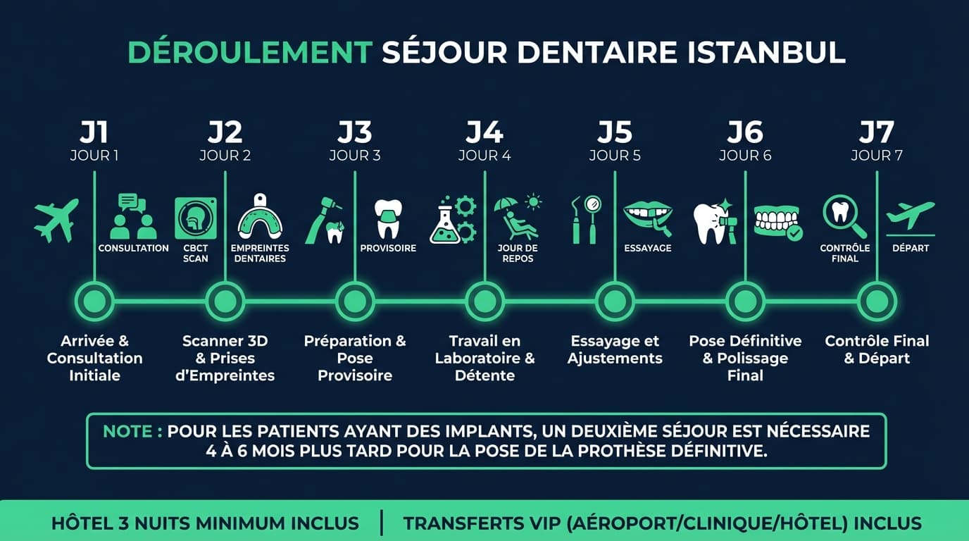 Déroulement séjour dentaire Istanbul 7-10 jours | Renaissance Clinique Infographie chronologique du séjour dentaire à Istanbul : jour par jour sur 7 à 10 jours — consultation, traitement, contrôles