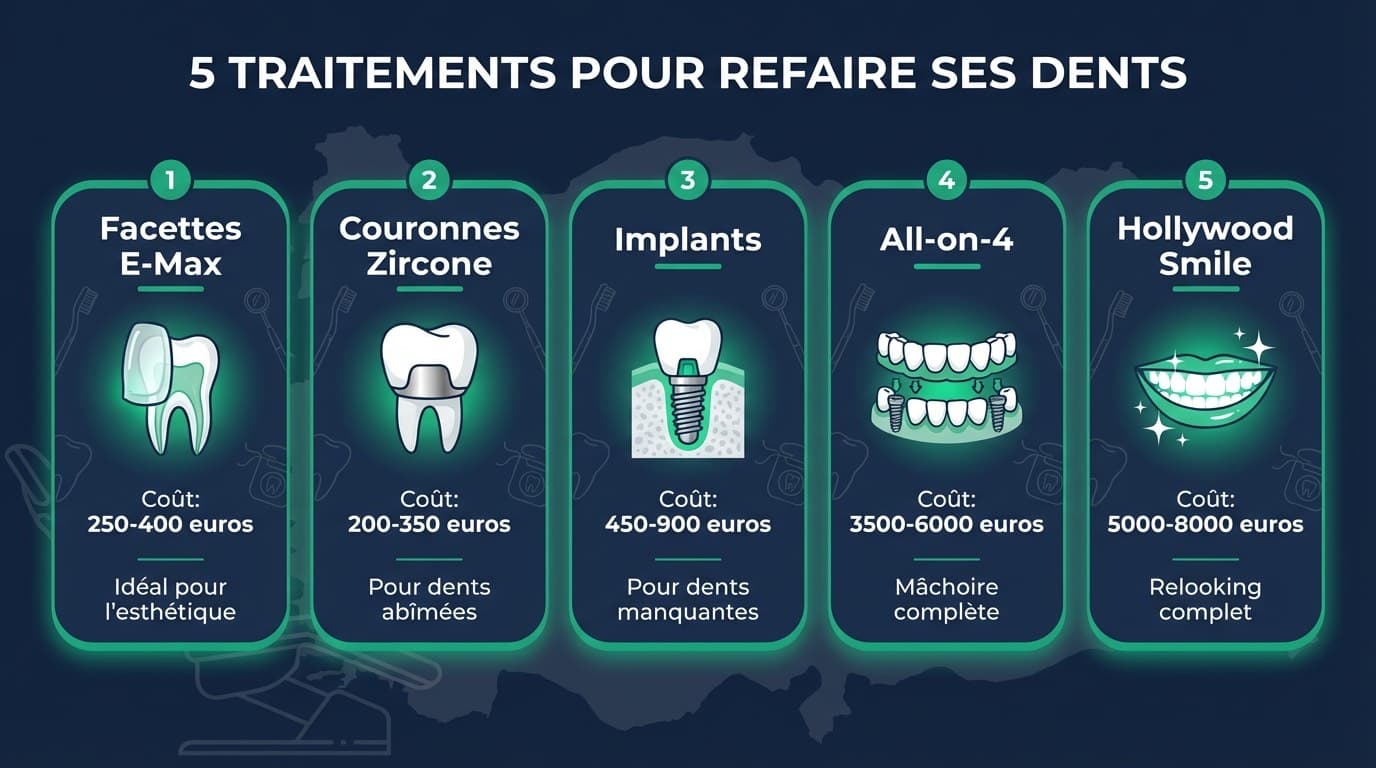 5 traitements dentaires pour refaire ses dents en Turquie | Renaissance Clinique Infographie comparative de 5 traitements dentaires disponibles à Istanbul : facettes E-Max, couronnes zircone, implants dentaires, All-on-4, Hollywood Smile