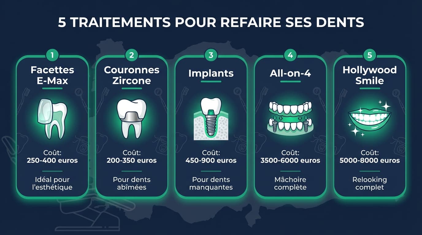 5 traitements dentaires pour refaire ses dents en Turquie | Renaissance Clinique Infographie comparative de 5 traitements dentaires disponibles à Istanbul : facettes E-Max, couronnes zircone, implants dentaires, All-on-4, Hollywood Smile