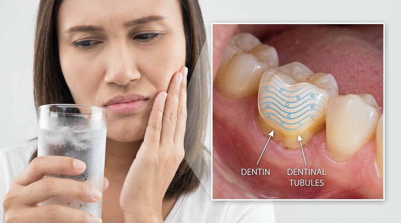 Sensibilité dentaire — Causes et traitements | Renaissance Clinique Sensibilité dentaire : schéma anatomique montrant l'émail érodé et les tubules dentinaires exposés au froid et au chaud