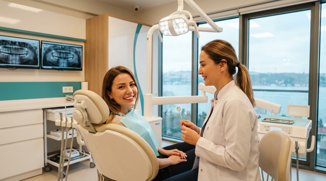 Soins Dentaires en Turquie — Clinique moderne à Istanbul | Renaissance Clinique Clinique dentaire moderne à Istanbul avec fauteuil de soins, écran de scanner 3D et patiente souriante après pose de facettes E-Max — tourisme dentaire en Turquie
