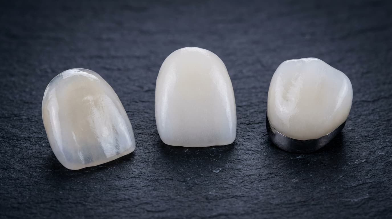 Matériaux Dentaires Certifiés CE — E-Max, Zircone, Titane | Renaissance Clinique Matériaux dentaires utilisés à Istanbul : céramique E-Max Ivoclar Vivadent, zircone Prettau, implants titane Straumann — gros plan sur les facettes et couronnes