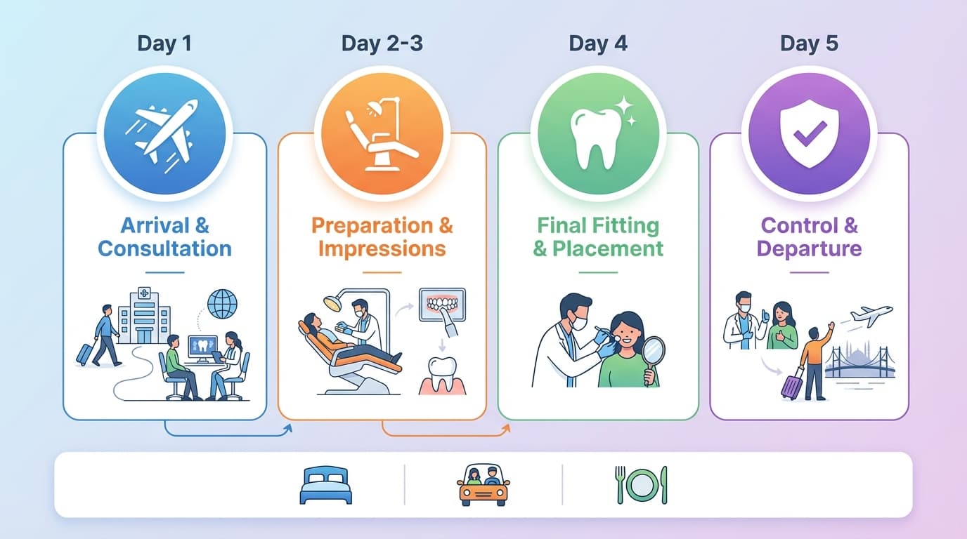 Déroulement d'un Séjour Dentaire à Istanbul — Timeline 5 Jours | Renaissance Clinique Timeline d'un séjour dentaire de 5 jours à Istanbul : arrivée, consultation, préparation, pose des facettes, contrôle final et départ