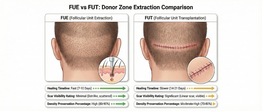 Comparaison FUE vs FUT : Impact sur la Zone Donneuse — Cicatrisation, Visibilité des Cicatrices et Préservation de Densité | Renaissance Clinique Comparaison médicale FUE vs FUT sur la zone donneuse : à gauche, technique FUE (Follicular Unit Extraction) montrant des micro-points de prélèvement dispersés sur la zone occipitale avec encart illustrant l'extraction d'une unité folliculaire par punch cylindrique — cicatrisation rapide (7-10 jours), visibilité cicatricielle minimale (points dispersés), préservation de densité élevée (80-90%). À droite, technique FUT (Follicular Unit Transplantation) montrant une cicatrice linéaire horizontale suturée sur la zone occipitale avec encart illustrant les points de suture — cicatrisation plus lente (14-21 jours), cicatrice linéaire visible, préservation de densité modérée-élevée (70-80%)