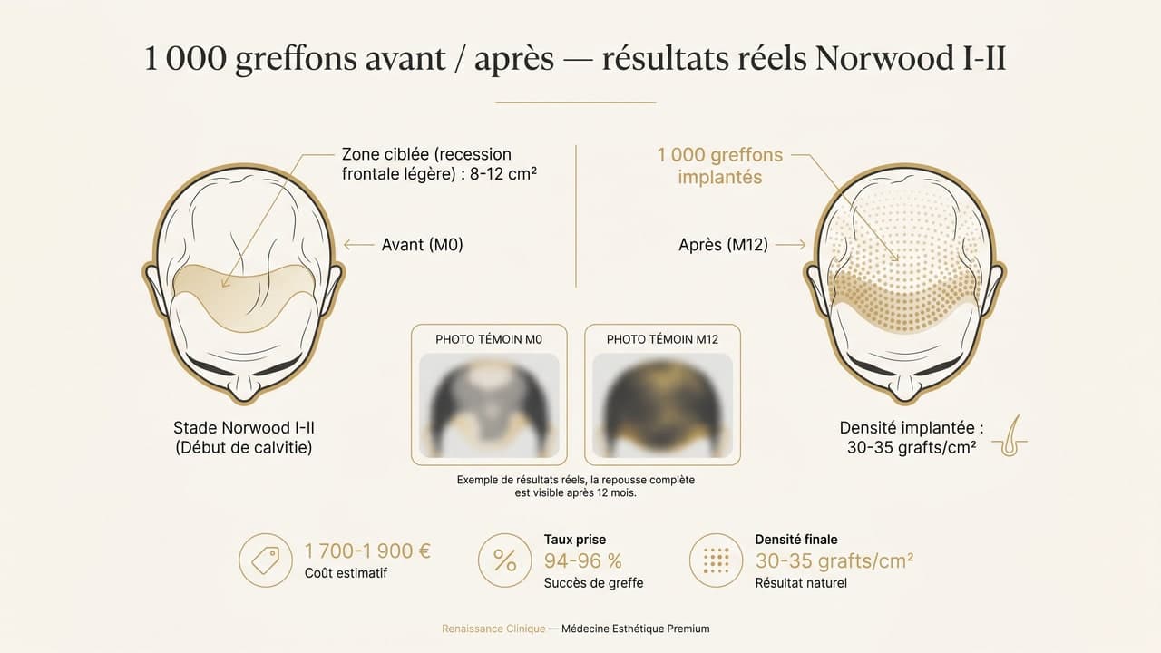 Infographie avant/après greffe de 1 000 grafts Norwood I-II — densité finale 30-35 grafts/cm², prix Renaissance 1 700-1 900 €