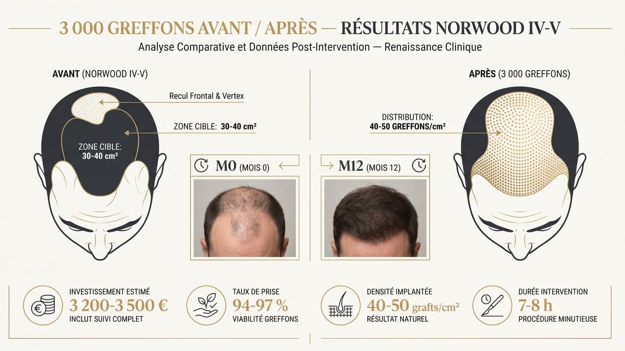 Infographie avant/après greffe de 3 000 grafts Norwood IV-V — densité finale 40-50 grafts/cm², prix Renaissance 3 200-3 500 €