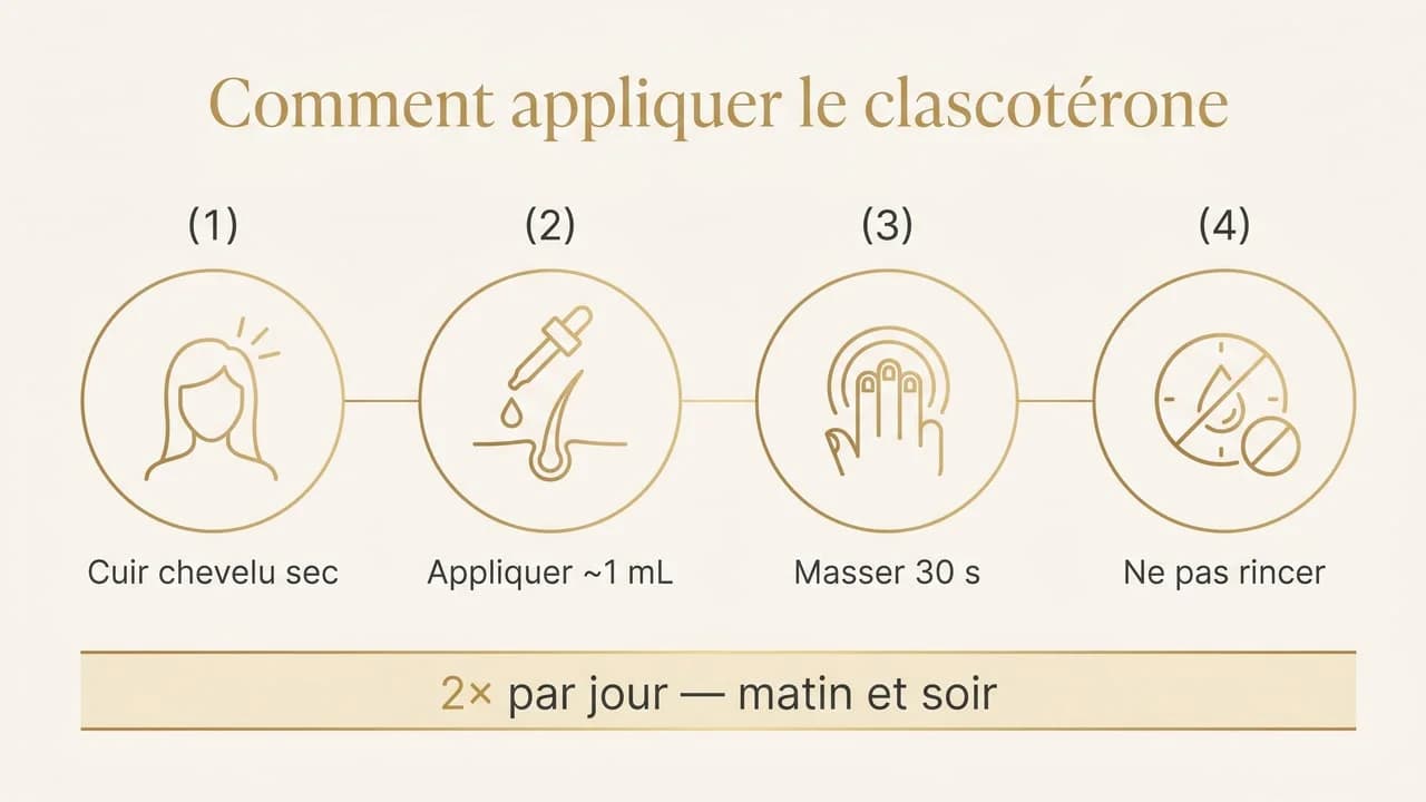 Infographie des étapes d'application du clascotérone : cuir chevelu sec, application, massage, ne pas rincer, deux fois par jour