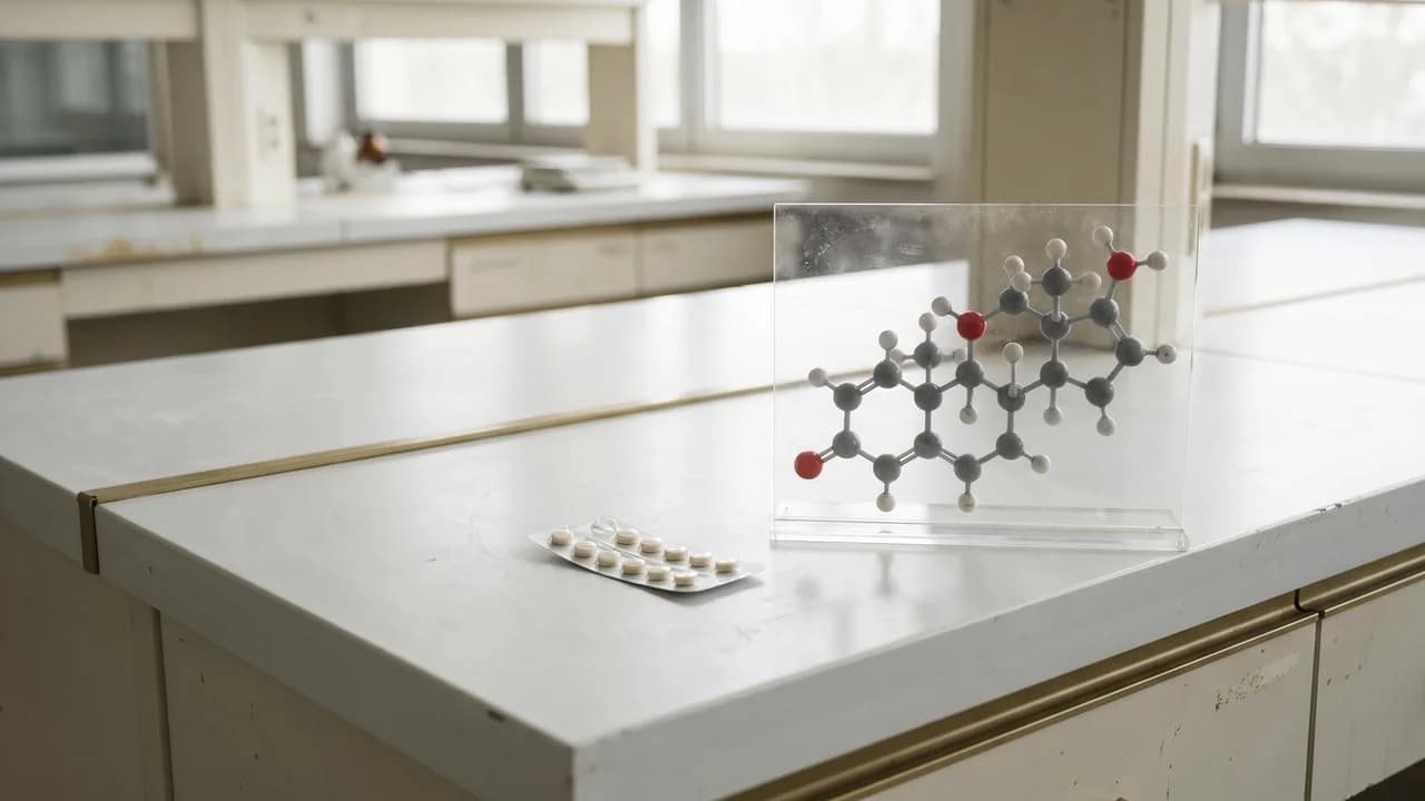 Plaquette de comprimés de finastéride et modèle moléculaire 3D sur une paillasse de laboratoire