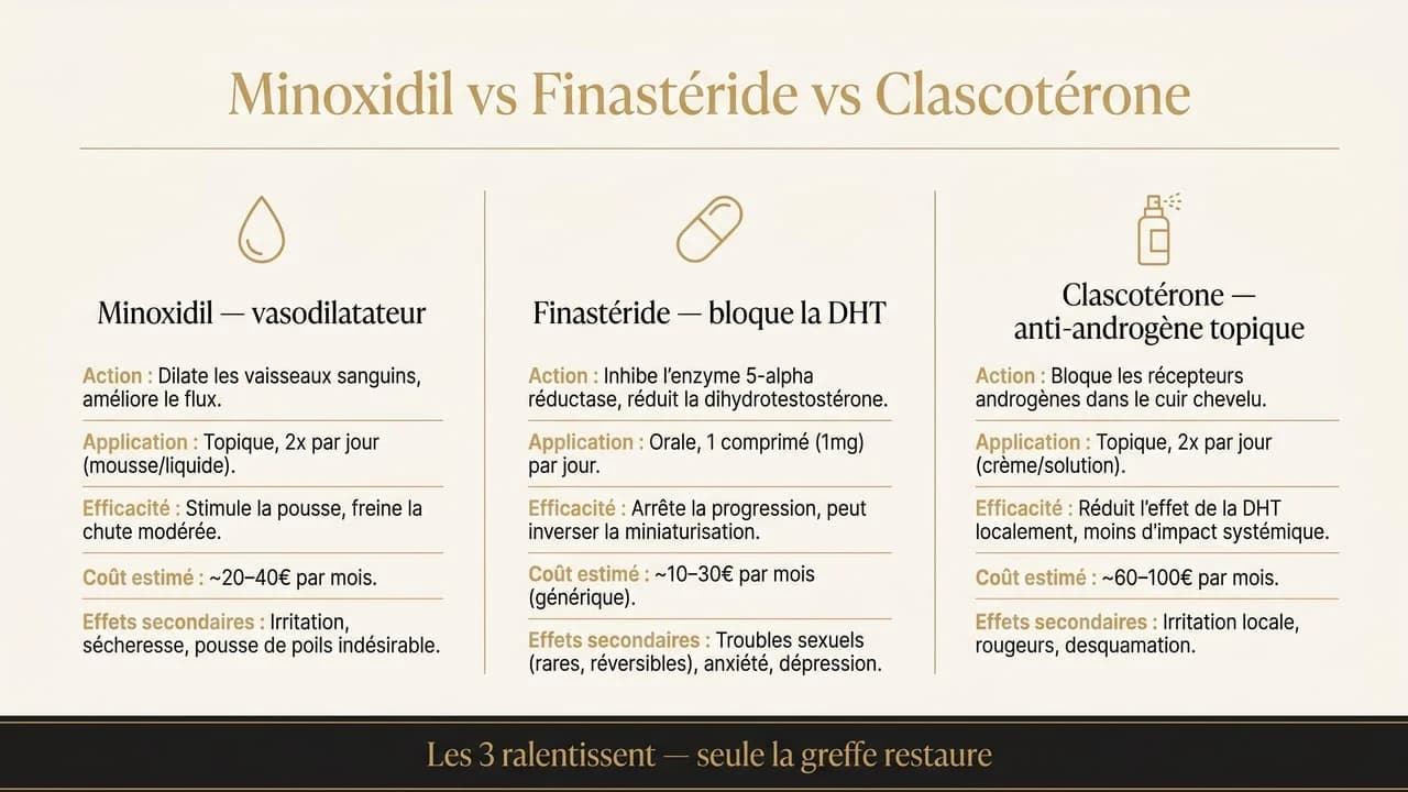 Infographie comparant minoxidil, finastéride et clascotérone : trois mécanismes, aucun ne restaure les cheveux perdus