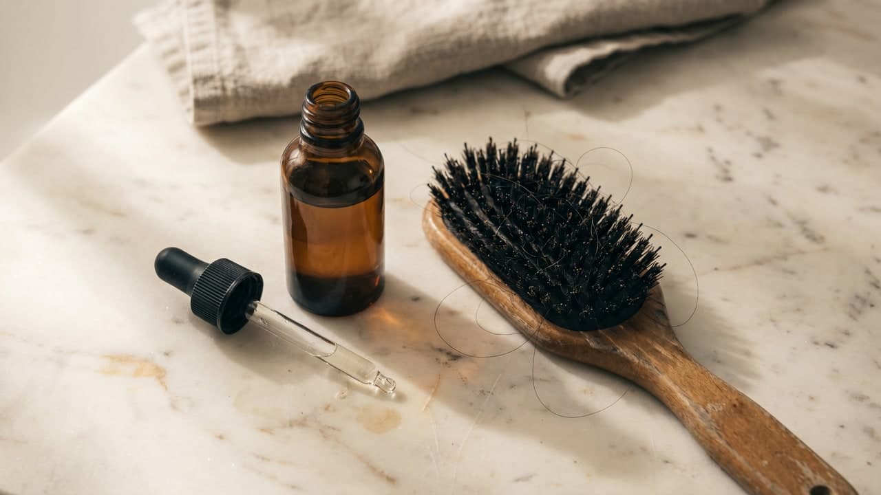 Flacon de solution topique et brosse avec quelques cheveux, évoquant le shedding sous minoxidil