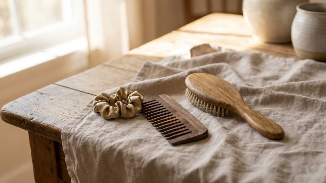 Nature morte de peigne en bois, élastique souple et brosse à cheveux sur fond beige, évoquant un coiffage doux sans tension.