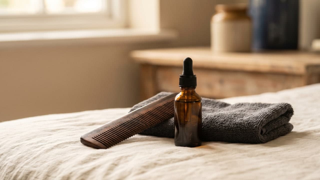 Peigne en bois, flacon ambré sans étiquette et serviette de soin évoquant l'entretien d'une barbe clairsemée
