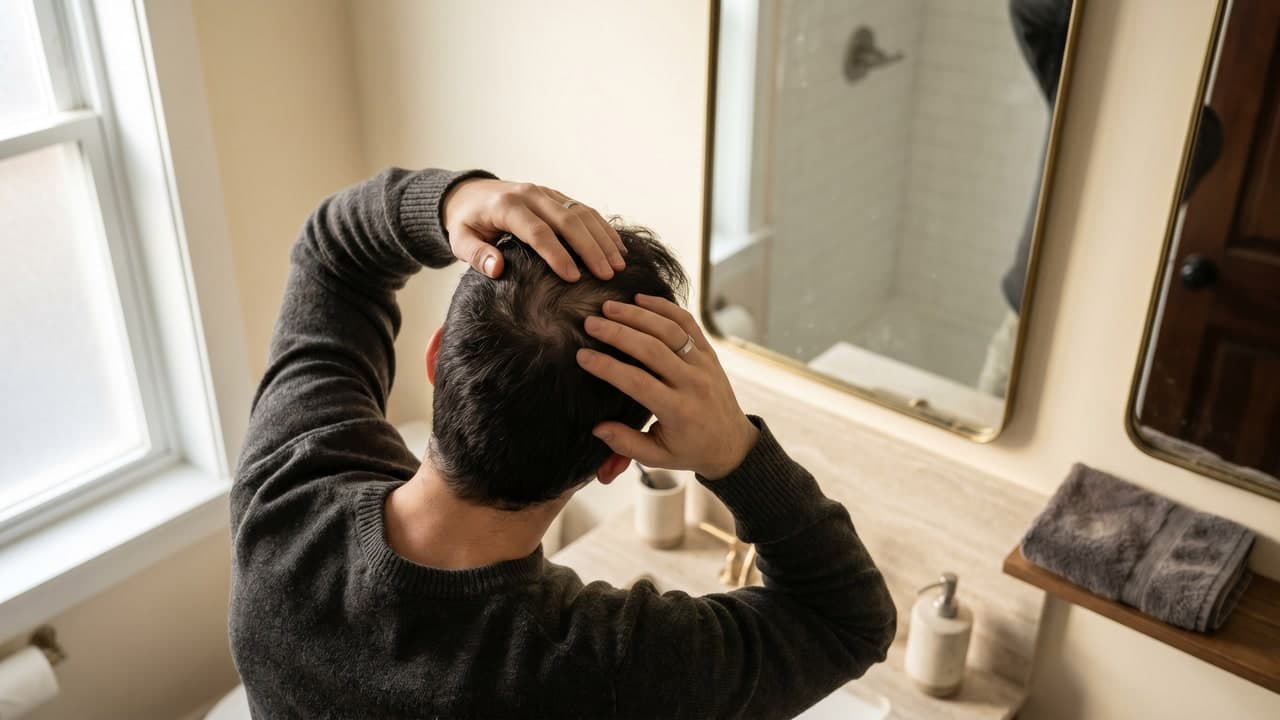 Jeune homme d’une vingtaine d’années examinant sa ligne frontale qui recule et son sommet de crâne qui se dégarnit