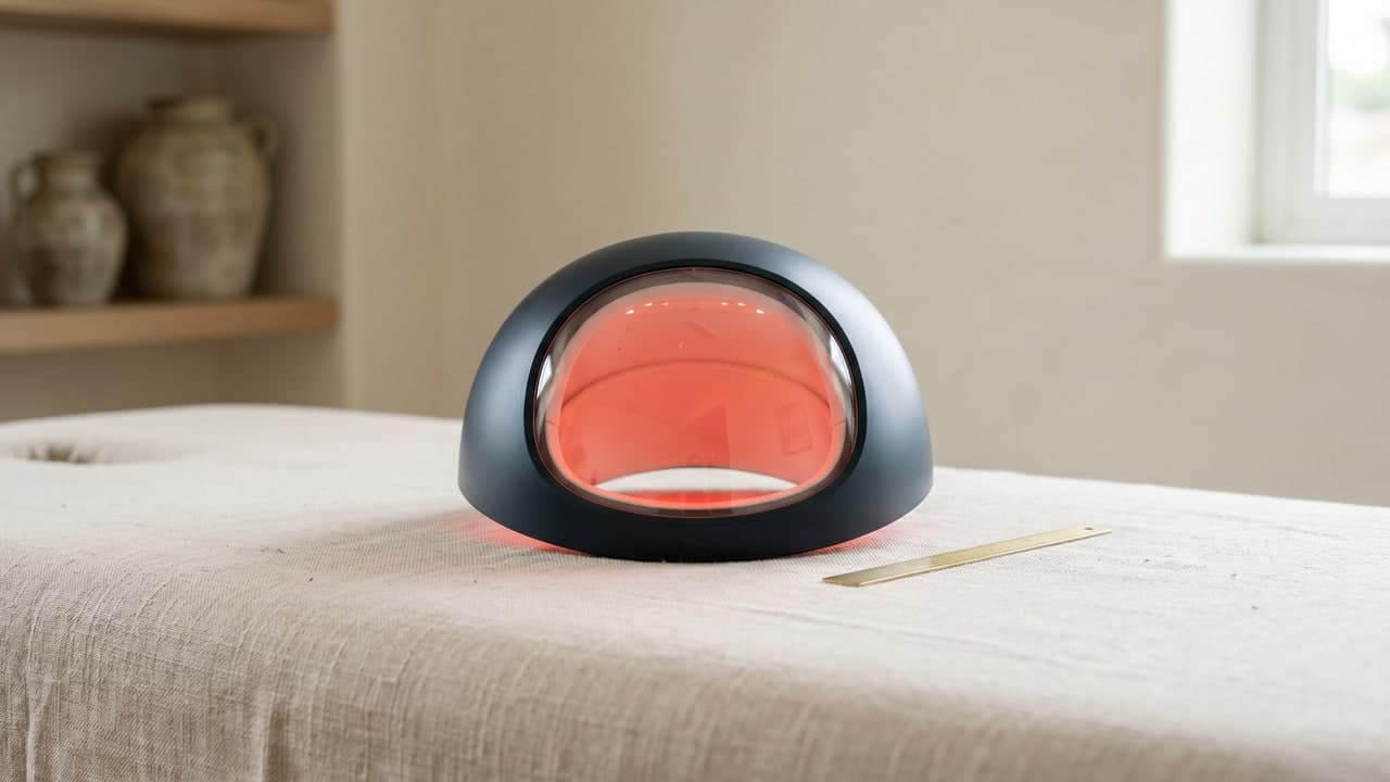 Casque laser capillaire émettant une lumière rouge douce, évoquant la photobiomodulation contre la chute de cheveux
