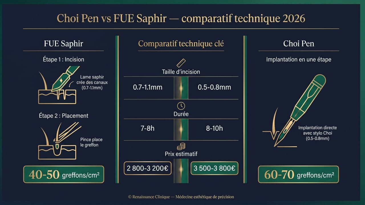Choi Pen vs FUE Saphir : comparatif technique détaillé 2026