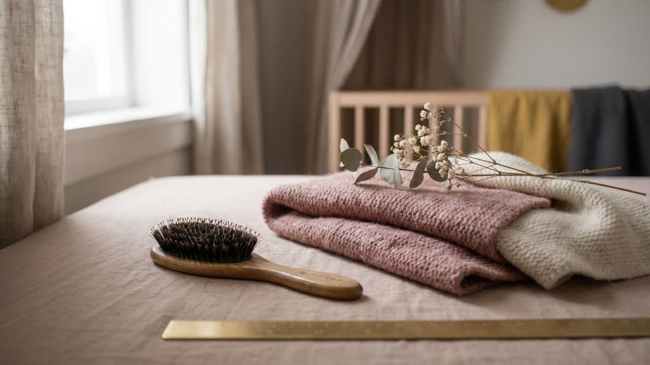 Brosse en bois avec quelques cheveux et couverture de bébé évoquant la chute de cheveux post-partum réversible