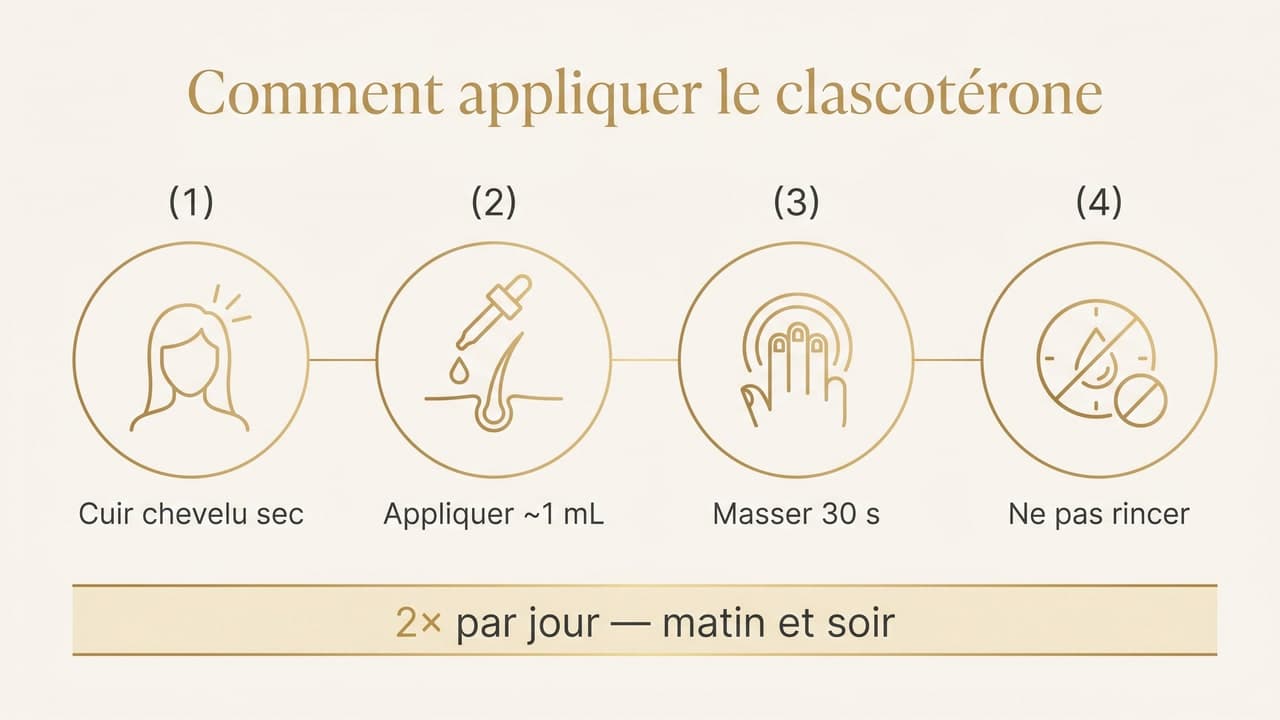 Infographie des étapes d'application du clascotérone : cuir chevelu sec, application, massage, ne pas rincer, deux fois par jour