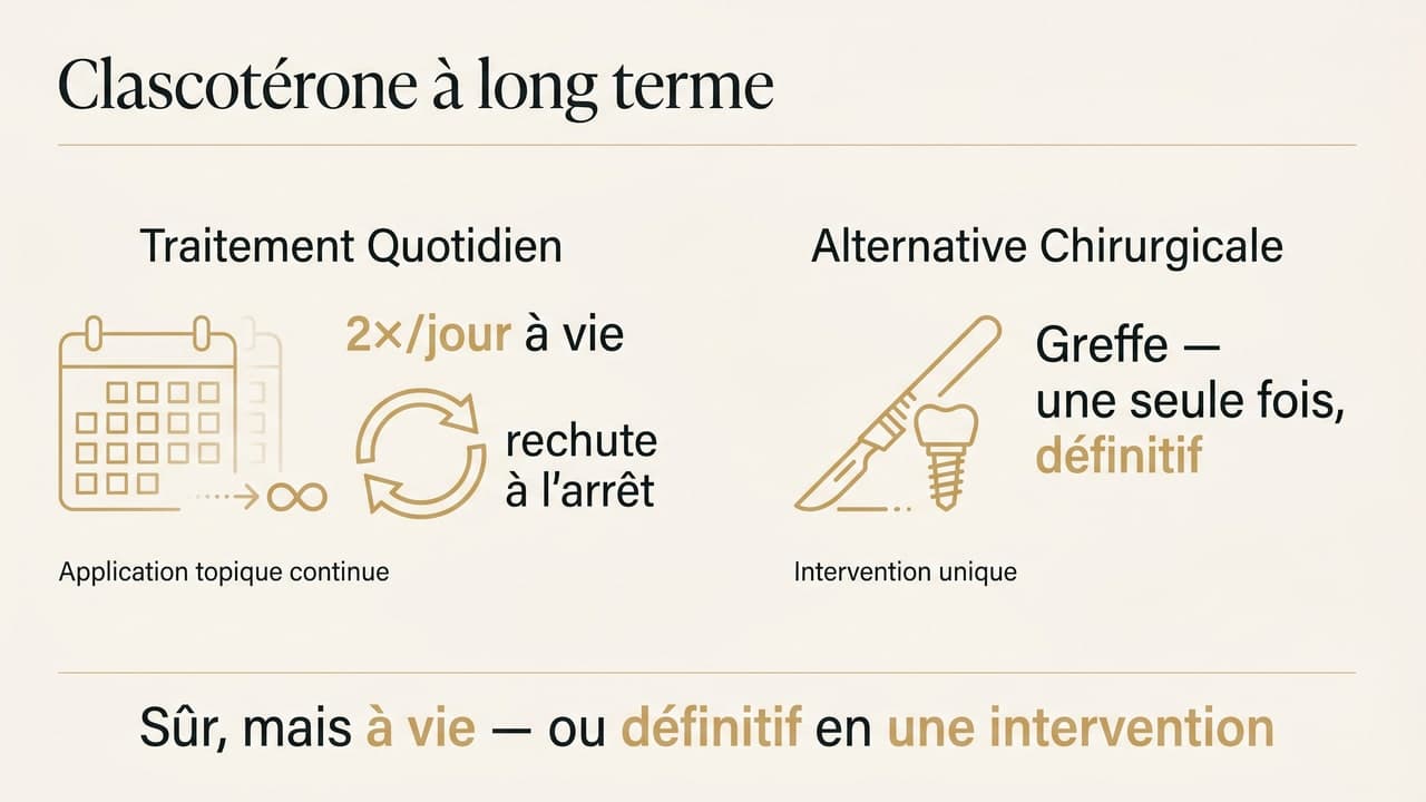 Infographie : clascotérone à long terme (traitement à vie) vs greffe de cheveux (intervention unique, définitive)