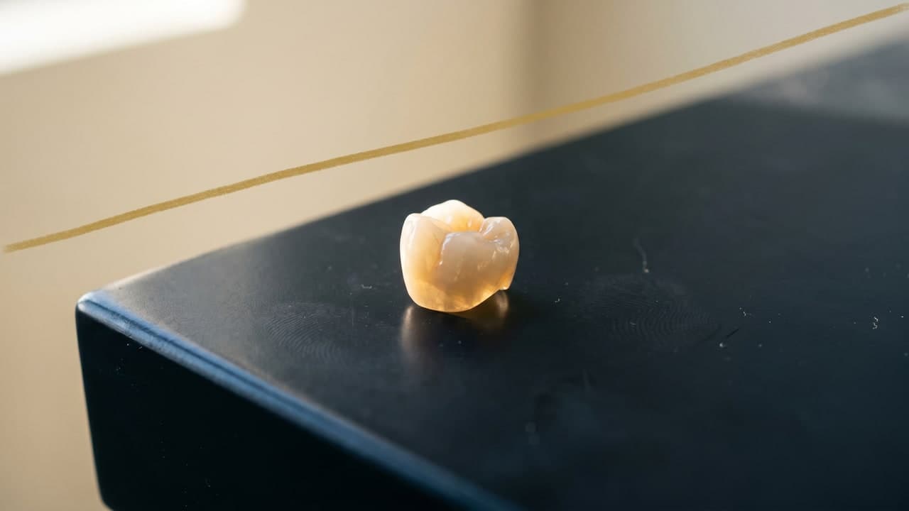 Couronne tout-céramique E-Max translucide rétroéclairée sur fond bleu marine