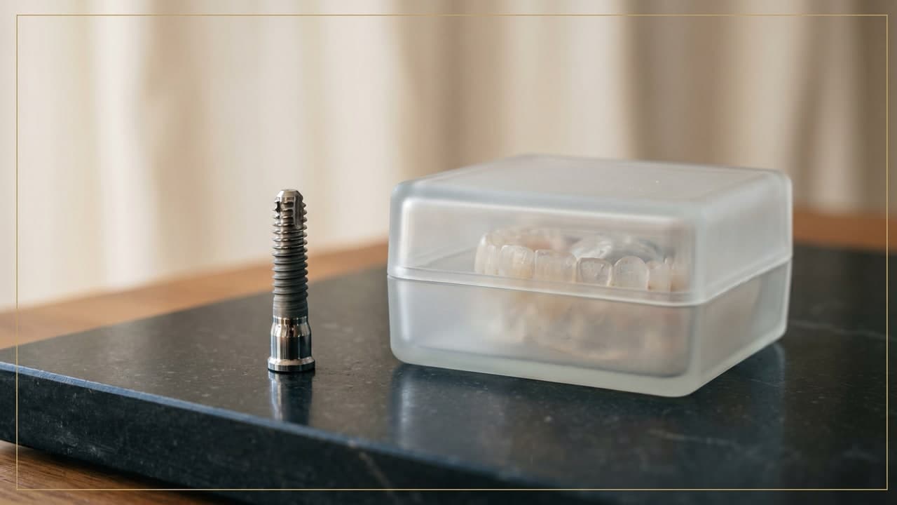Implant dentaire en titane et prothèse amovible présentés côte à côte sur fond bleu marine