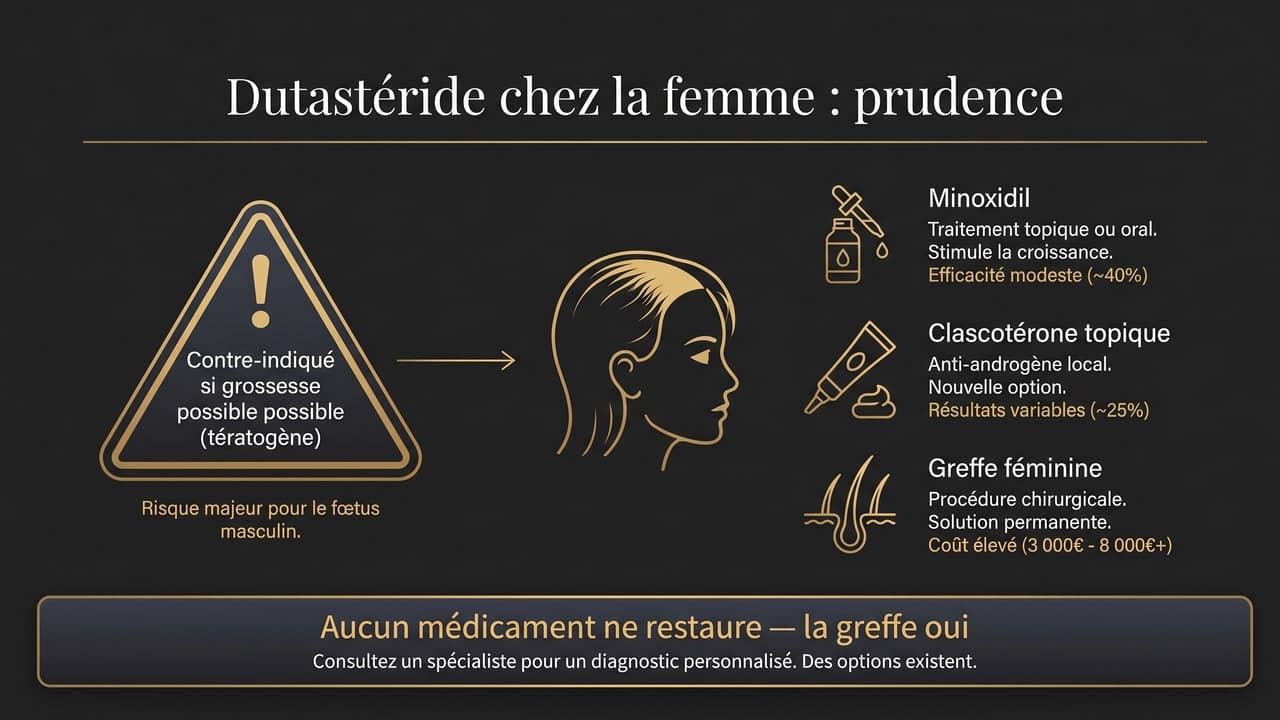 Infographie sur le dutastéride chez la femme : contre-indication grossesse, alternatives plus sûres et greffe féminine