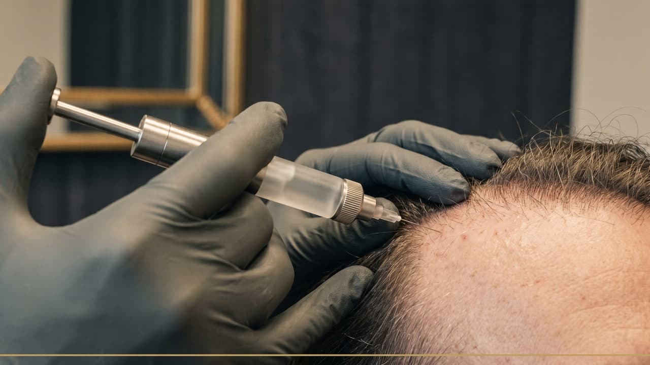 Dispositif de micro-injection de mésothérapie approché d'un cuir chevelu, illustrant l'injection intradermique de dutastéride