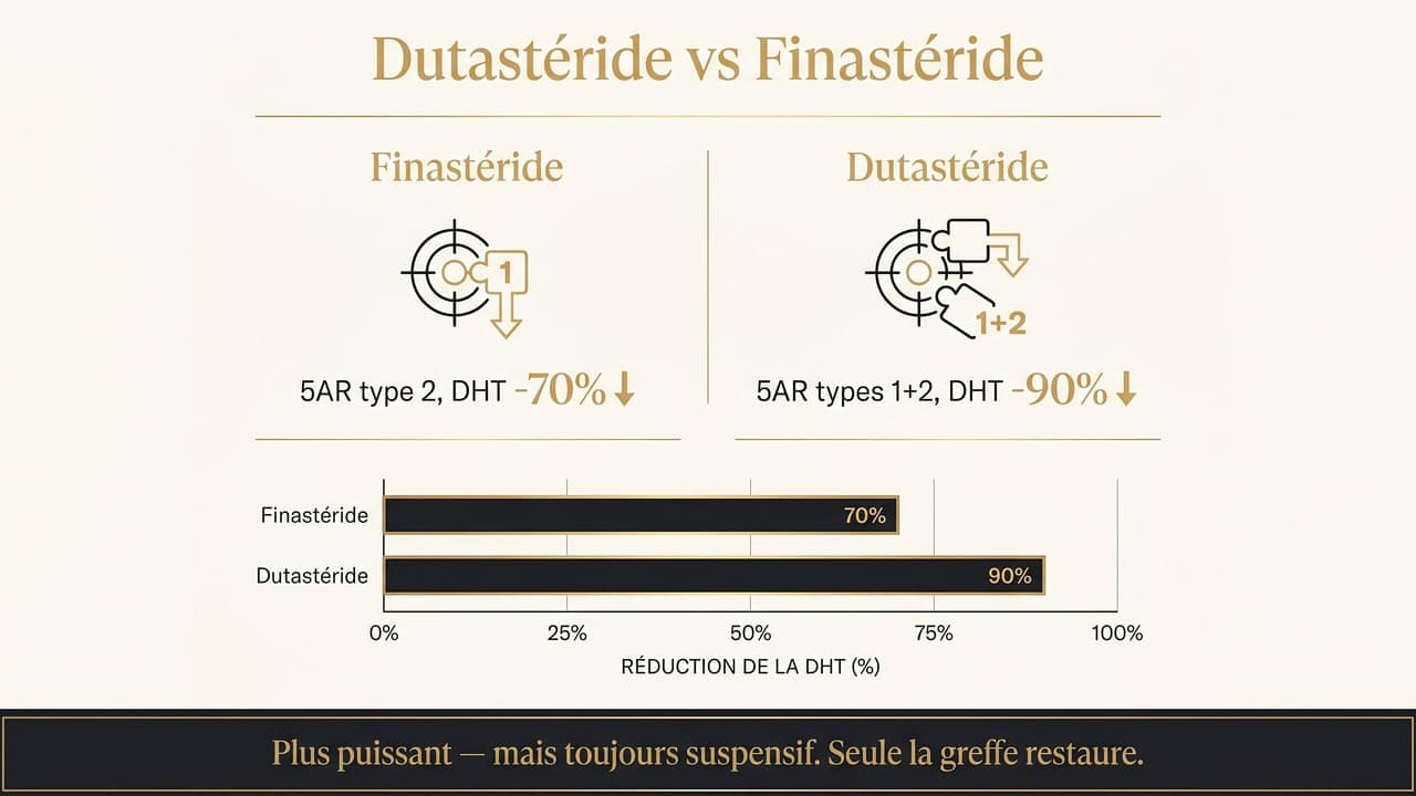 Infographie comparant dutastéride et finastéride : inhibition de la DHT (90% vs 70%), aucun ne restaure les cheveux perdus