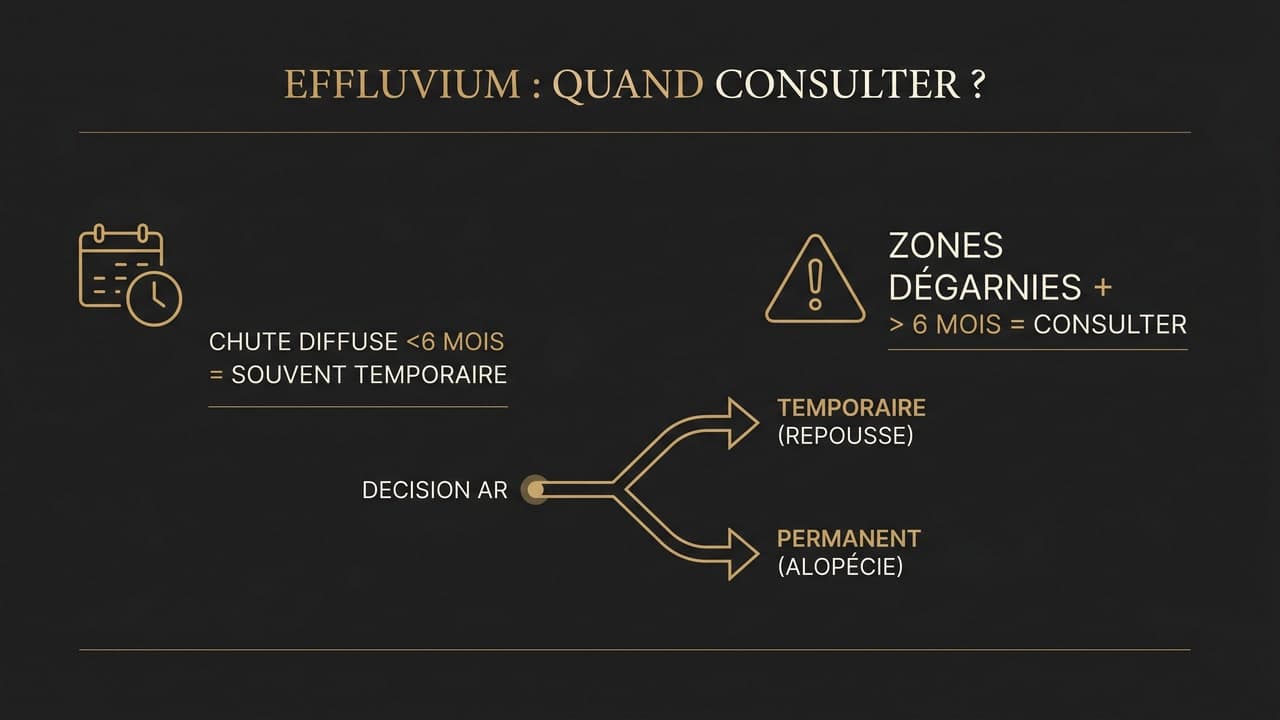 Infographie : quand consulter pour un effluvium — distinction entre chute temporaire et perte permanente