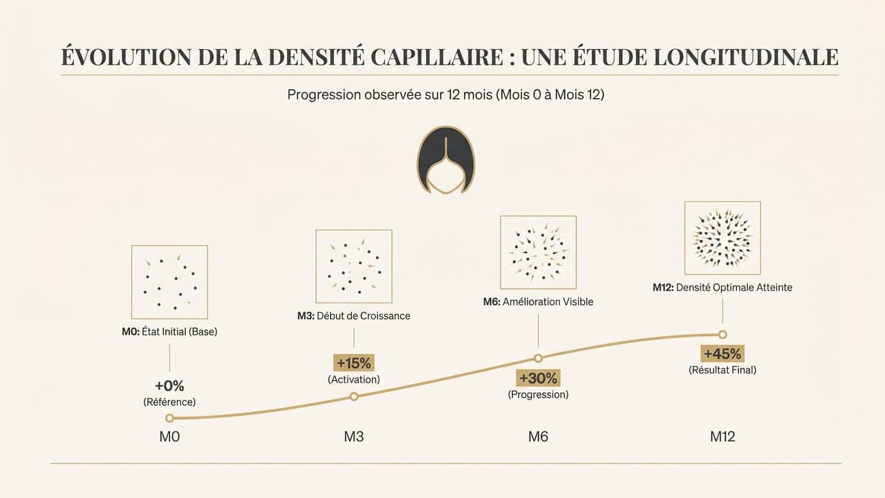 Illustration de l'évolution de la densité capillaire sous finastéride de M0 à M12