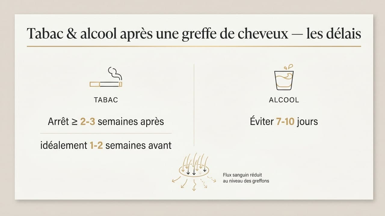 Infographie des délais d'abstinence de tabac et d'alcool autour d'une greffe de cheveux — arrêt du tabac 2 à 3 semaines après, alcool 7 à 10 jours