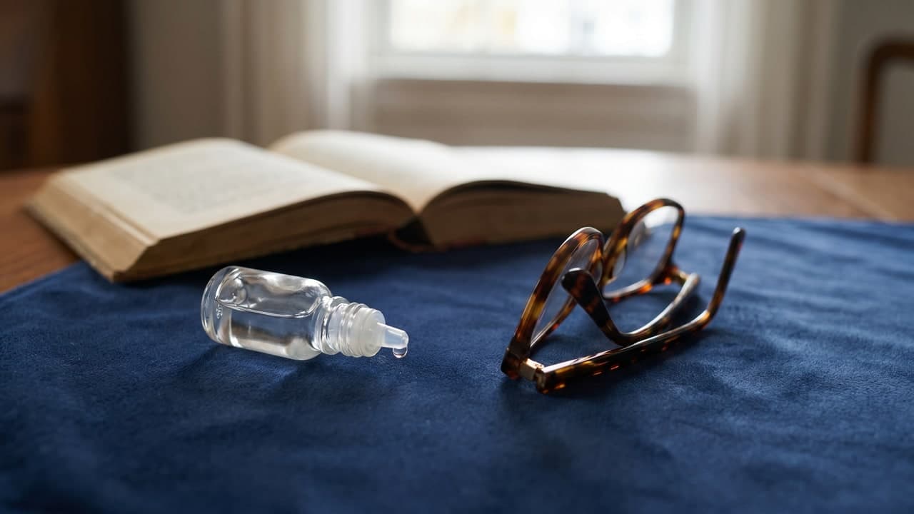 Flacon de collyre non marqué avec une goutte, lunettes de lecture pliées et livre flou en arrière-plan sur fond bleu nuit, ambiance soin oculaire premium.