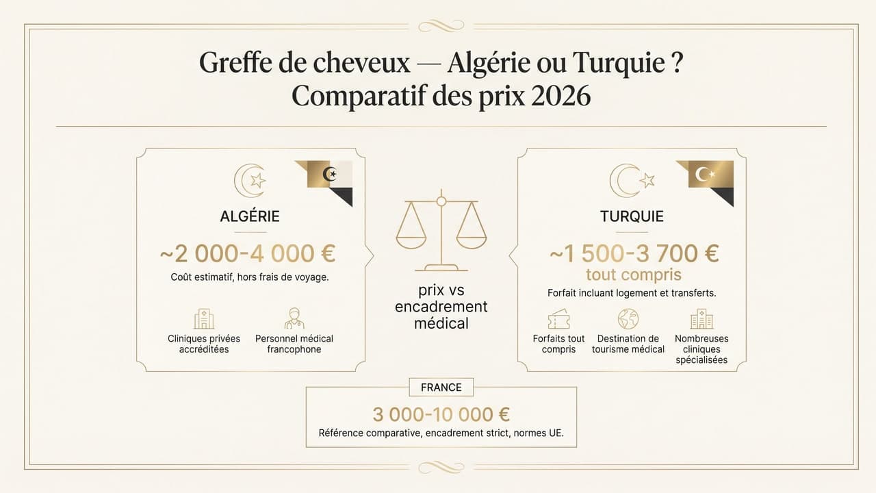 Infographie comparant les prix d'une greffe de cheveux en Algérie (2 000-4 000 €) et en Turquie (1 500-3 700 € tout compris), avec la France en référence