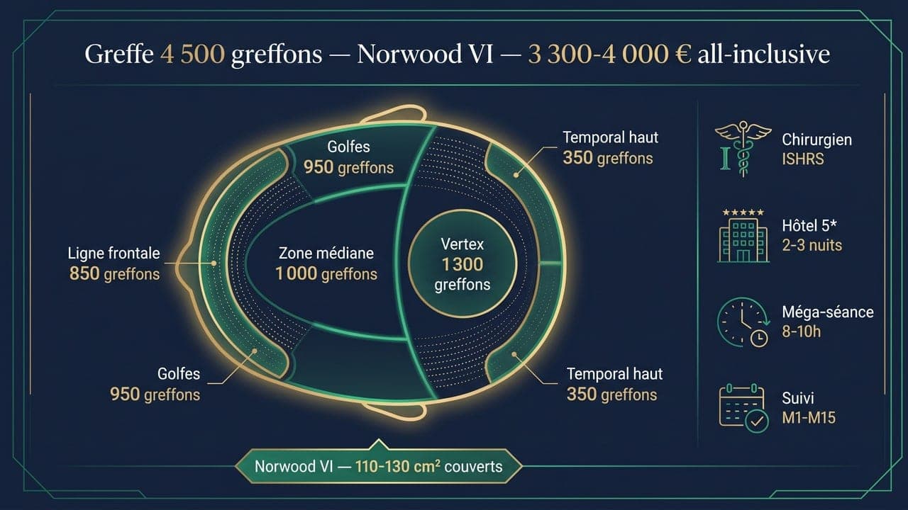 Carte de couverture greffe 4 500 greffons Norwood VI : ligne frontale, golfes avancés, mid-scalp, vertex complet, temporal haut — forfait Renaissance 3 300-4 000 €