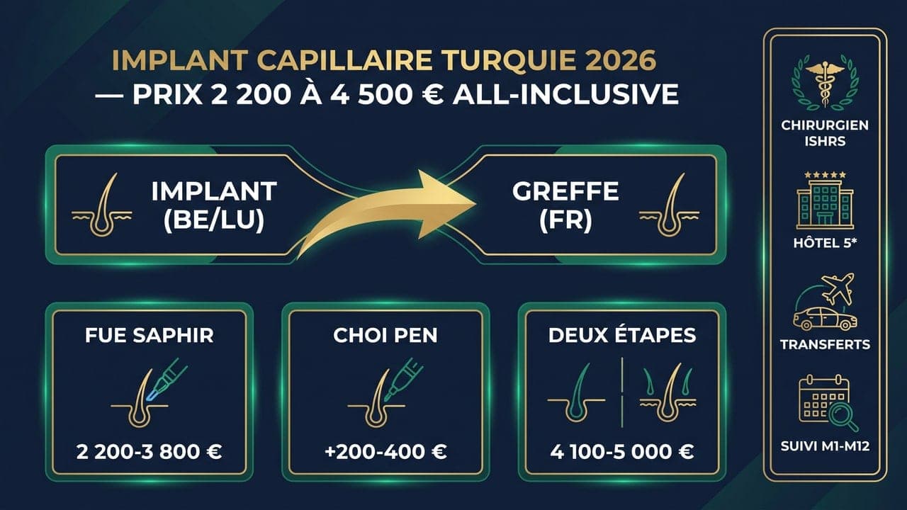 Infographie prix implant capillaire Turquie 2026 — terminologie BE/LU implant vs FR greffe, techniques FUE Saphir et Choi Pen Technique, tarifs Renaissance Clinique